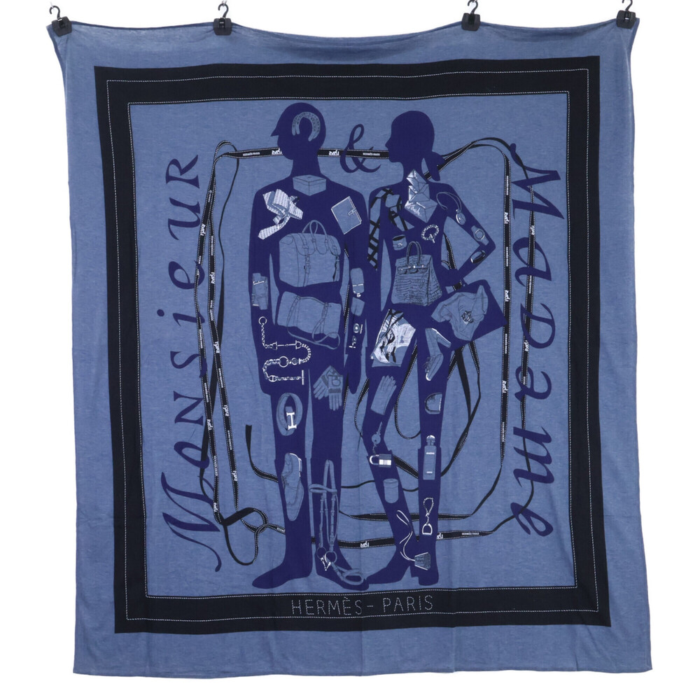 HERMES MONSIEUR ET MADAME Cotton Scarf/Muffler, Navy, Women's